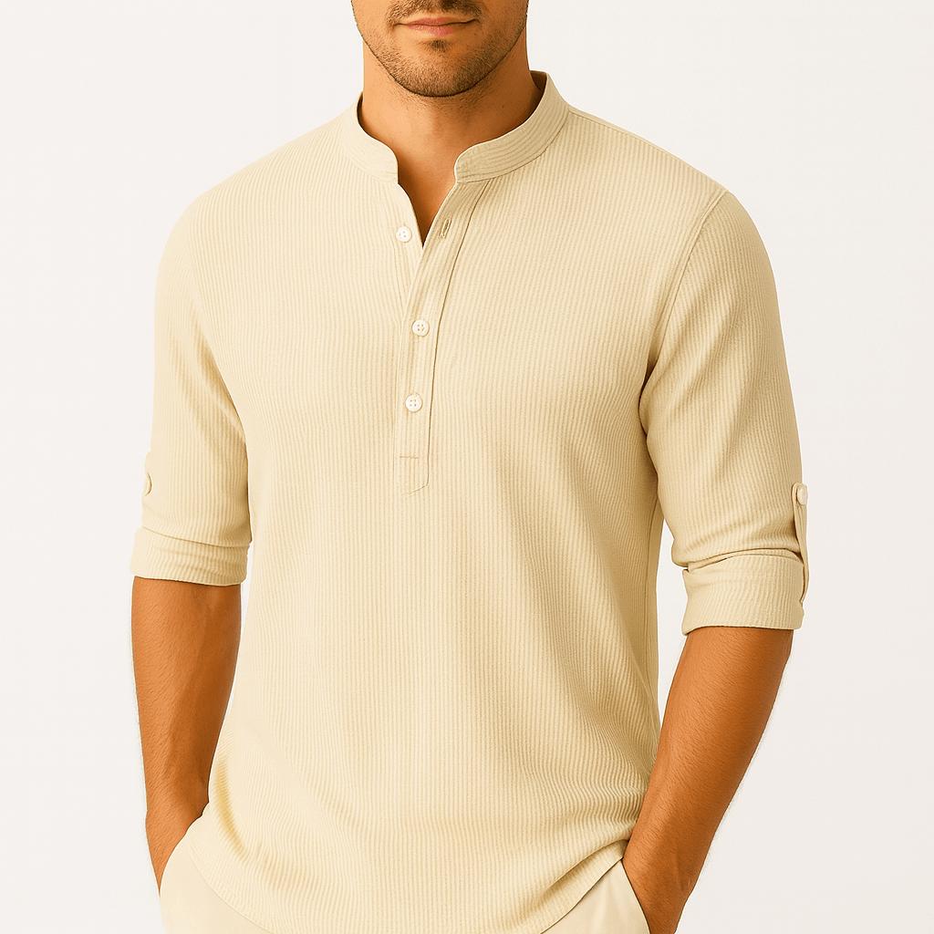 Koszula lniana przewiewna ze stójką i podwiniętymi rękawami – koszula letnia