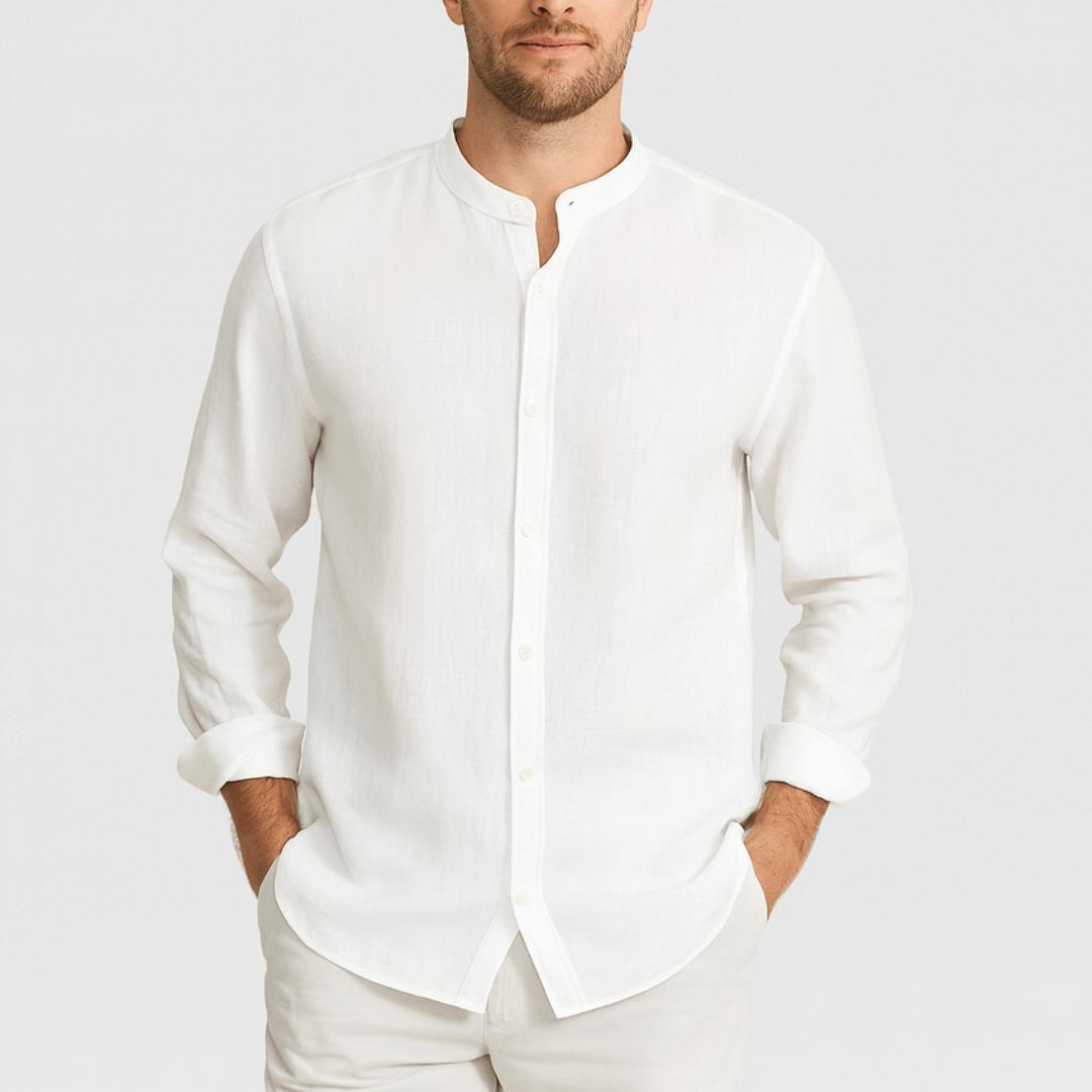 Koszula męska na lato, lniana, zapinana na guziki, o luźnym kroju