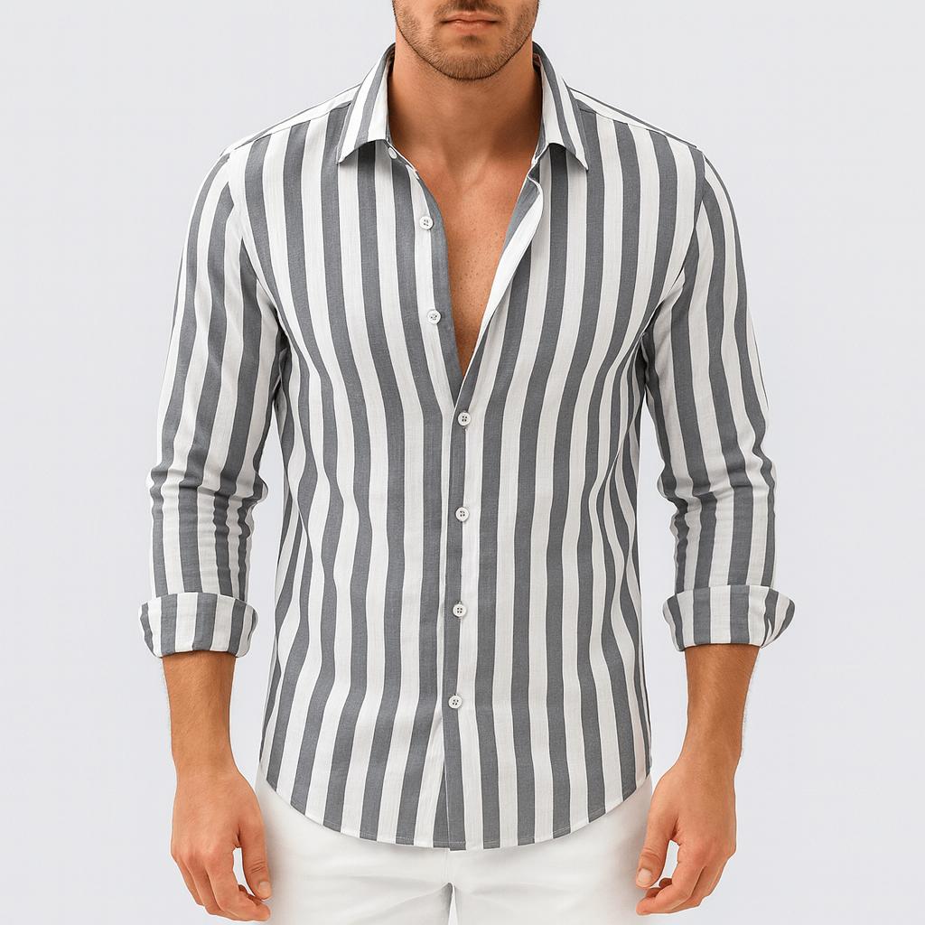 Koszula męska w paski zapinana na guziki z długim rękawem - materiał oddychający