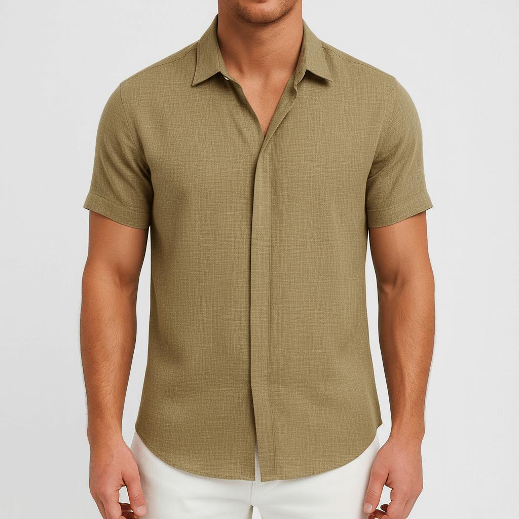 Koszula męska z krótkim rękawem z mieszanki lnu i zapięciem na guziki – luźny krój