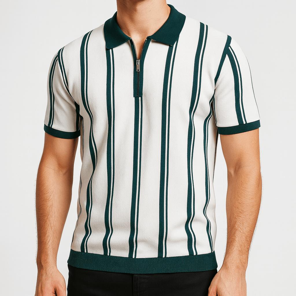 Koszulka polo z dzianiny z suwakiem do połowy i paskami retro