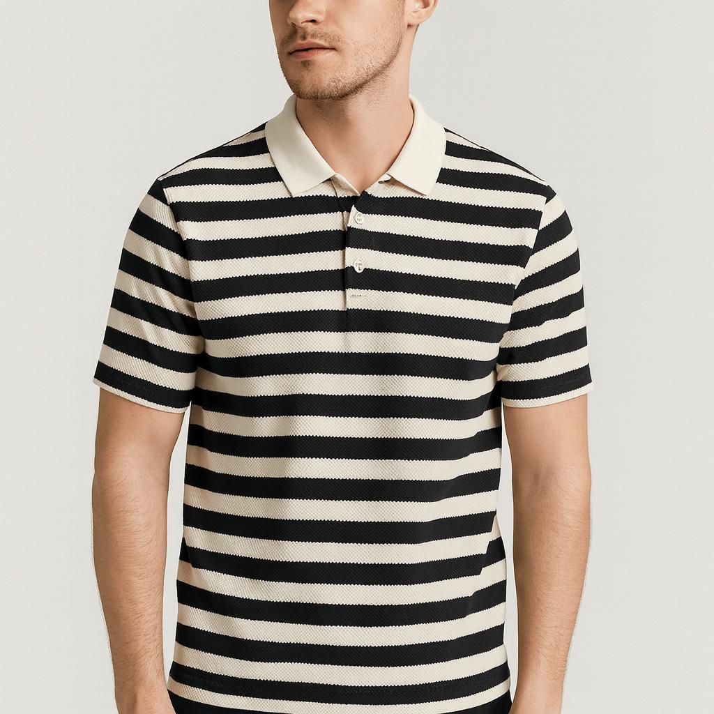 Koszulka polo z prążkowanej dzianiny z paskami w stylu retro i kontrastowym kołnierzykiem