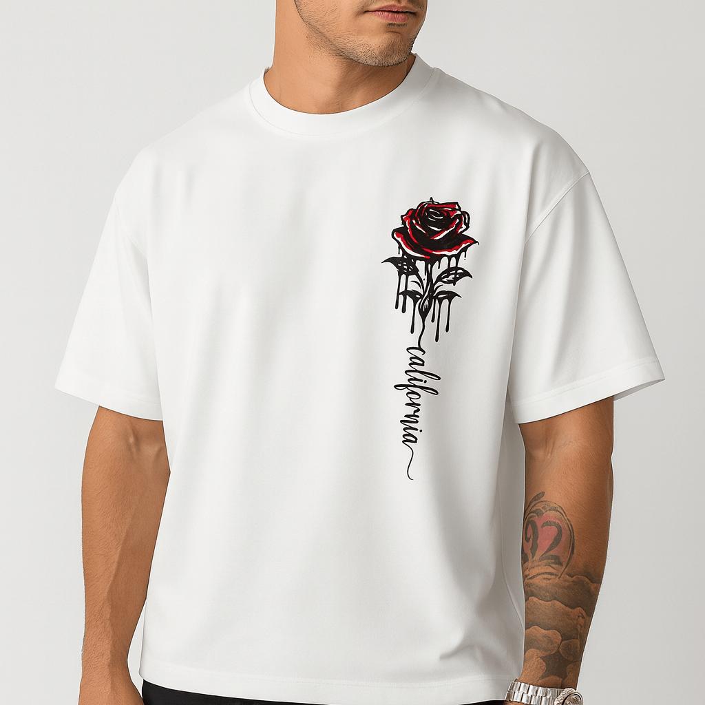 Letnia luźna koszulka z okrągłym dekoltem i nadrukiem w róże dla mężczyzn