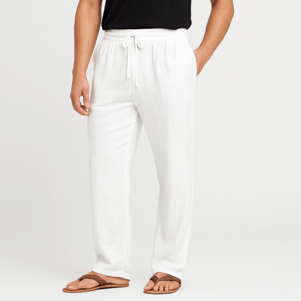 Luźne spodnie męskie z bawełny i lnu ze ściągaczem – oddychające i wygodne