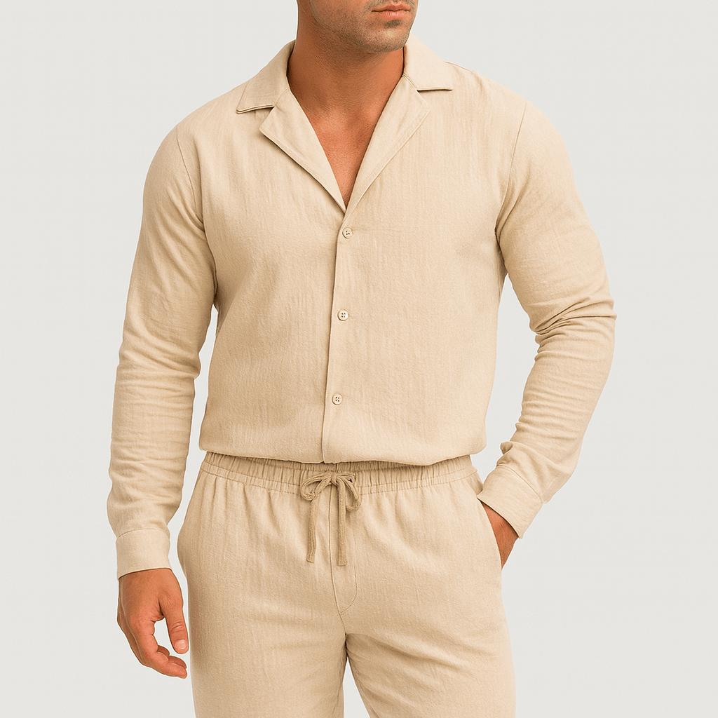 Luźny zestawy wypoczynkowy z lnu – koszula zapinana na guziki i spodnie ze ściągaczem