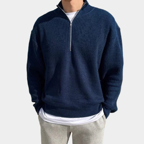 Sweter męski z prążkowanej dzianiny z zamkiem błyskawicznym do połowy