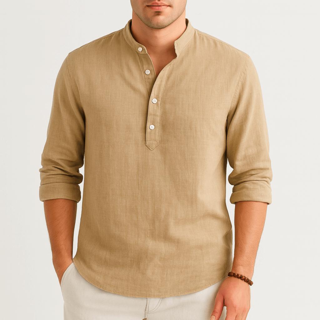 Oddychająca lniana koszula ze stójką i zapięciem na guziki – męska koszula letnia