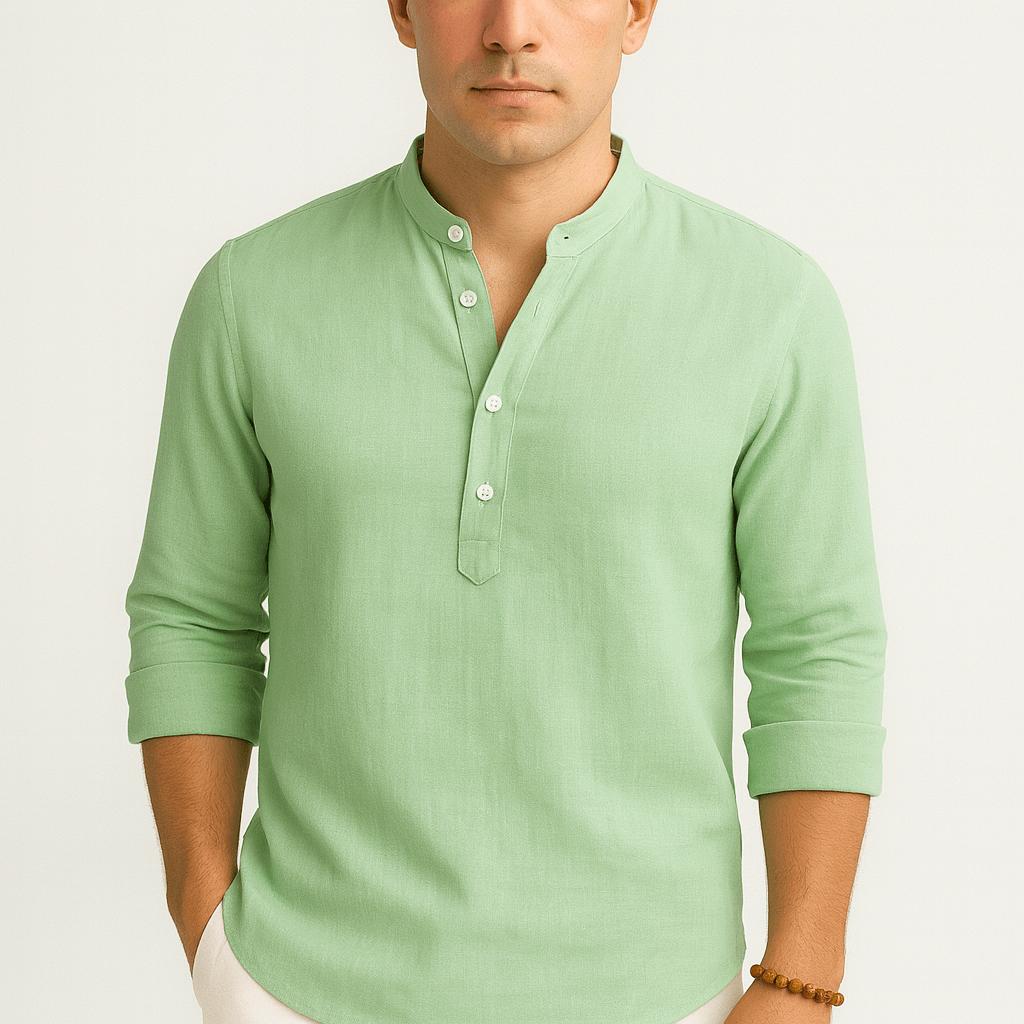 Oddychająca lniana koszula ze stójką i zapięciem na guziki – męska koszula letnia