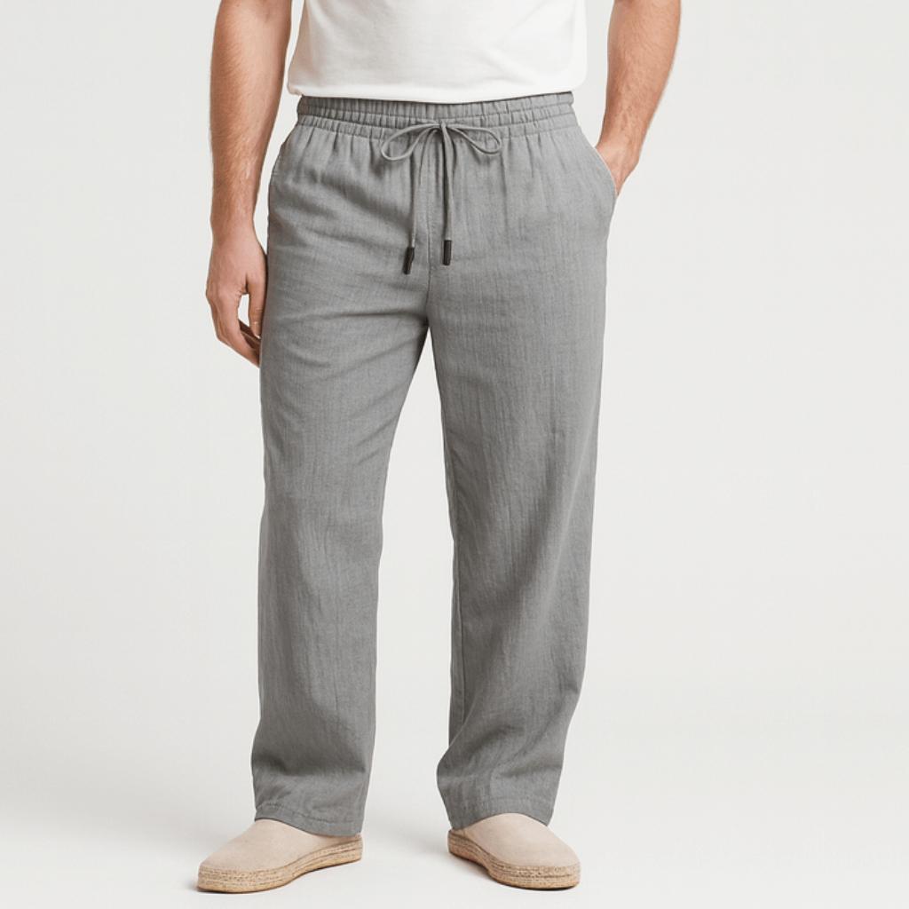 Spodnie lniane o luźnym kroju z regulowanym ściągaczem i kieszeniami dla mężczyzn