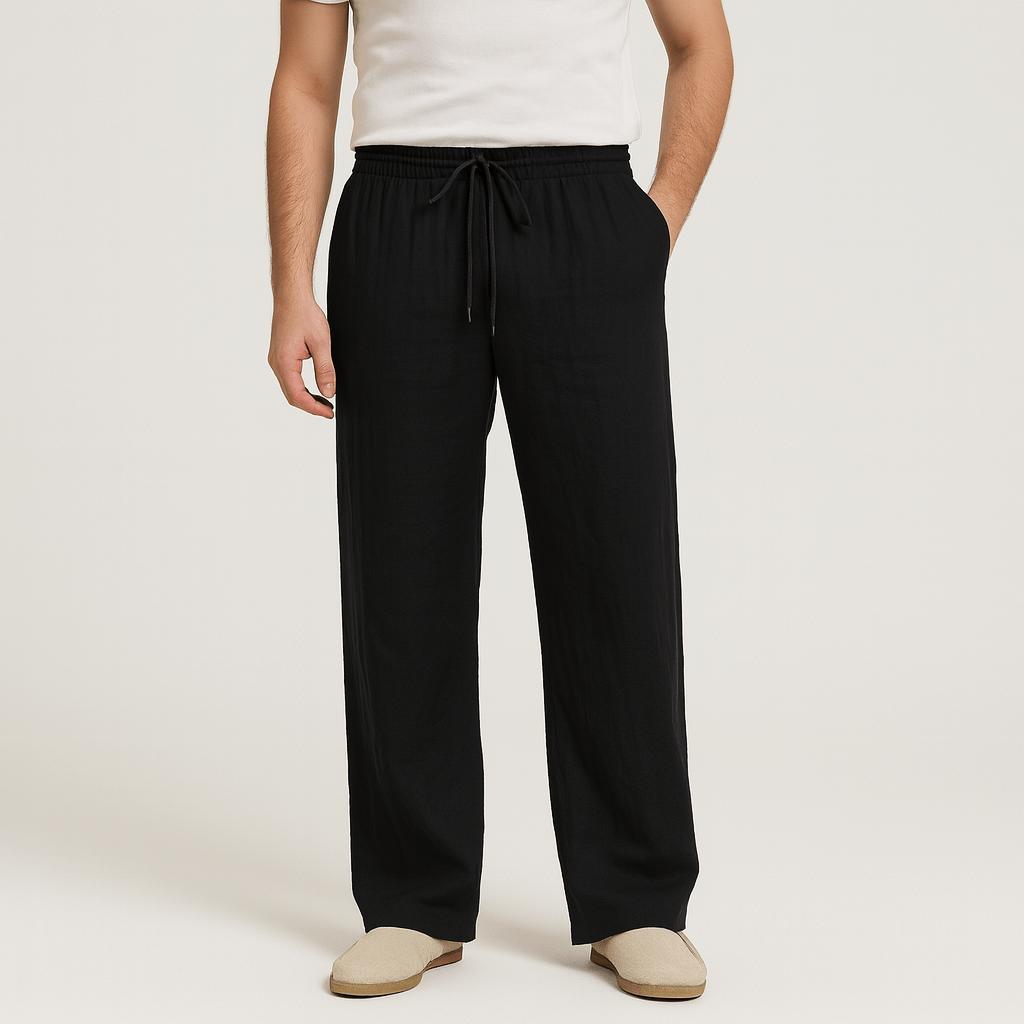 Spodnie lniane o luźnym kroju z regulowanym ściągaczem i kieszeniami dla mężczyzn