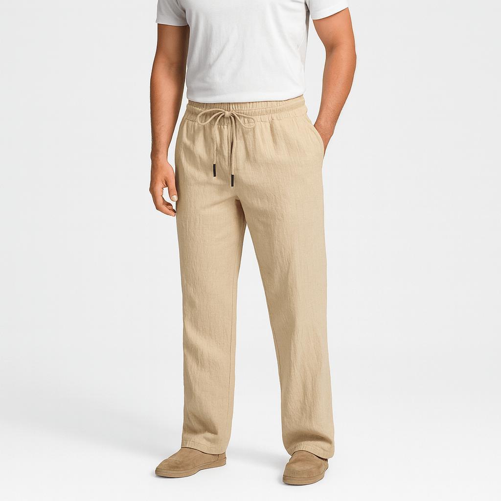 Spodnie lniane o luźnym kroju z regulowanym ściągaczem i kieszeniami dla mężczyzn