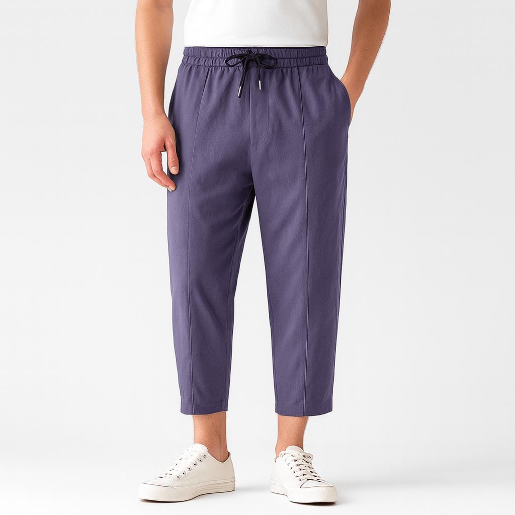 Spodnie skrócone z lnu i bawełny, zwężane, z regulowanym ściągaczem dla mężczyzn