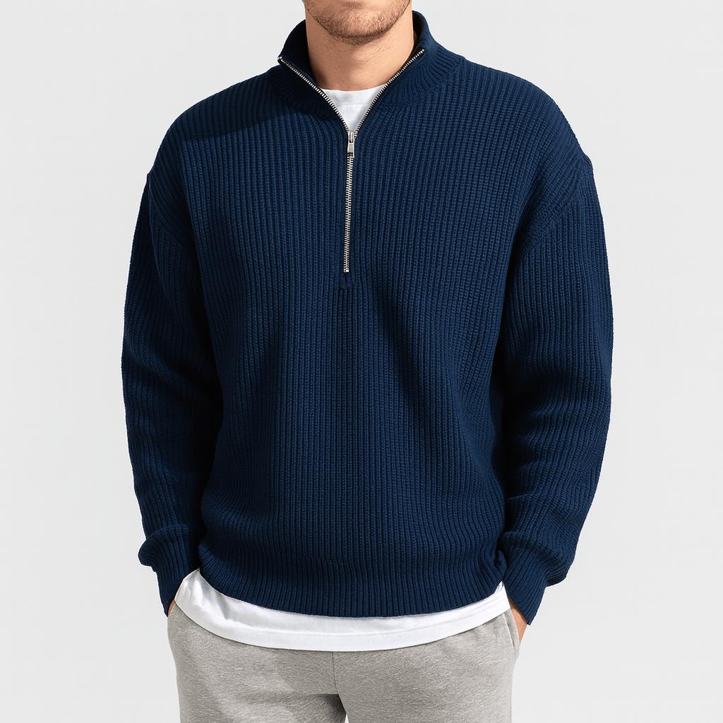 Sweter męski z prążkowanej dzianiny z zamkiem błyskawicznym do połowy
