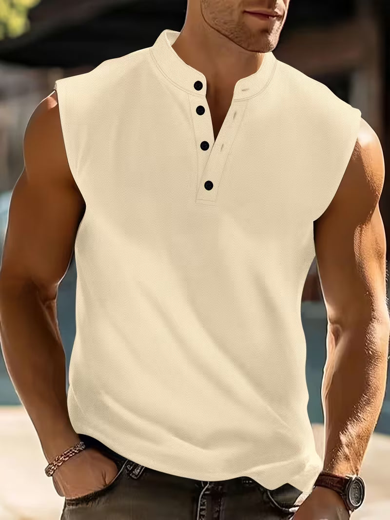 Bezrękawnik męski ze stójką i guzikami, na siłownię i na lato - tank top męski sportowy - Beżowy
