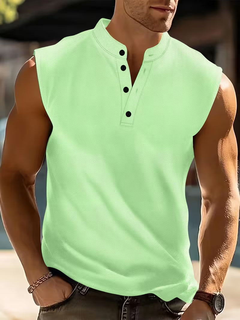 Bezrękawnik męski ze stójką i guzikami, na siłownię i na lato - tank top męski sportowy - Jasnozielony