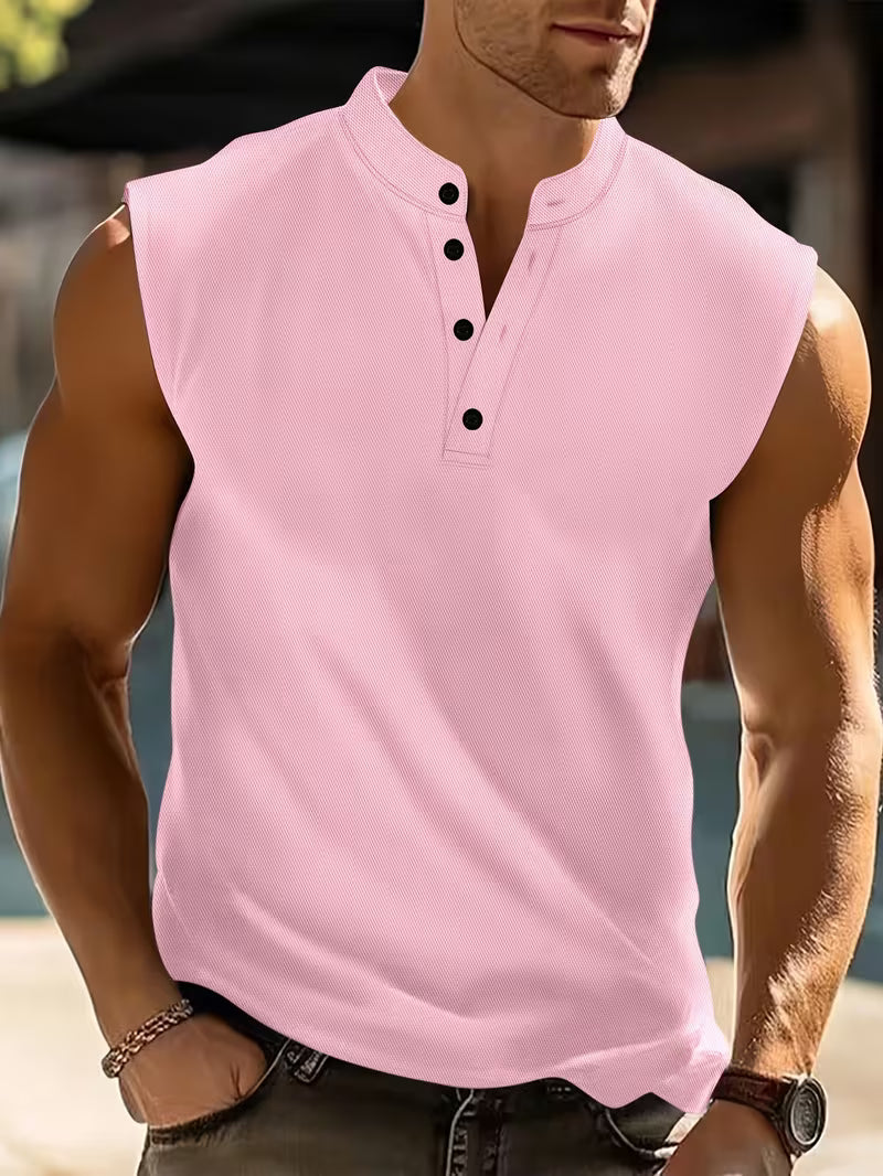 Bezrękawnik męski ze stójką i guzikami, na siłownię i na lato - tank top męski sportowy - Różowy