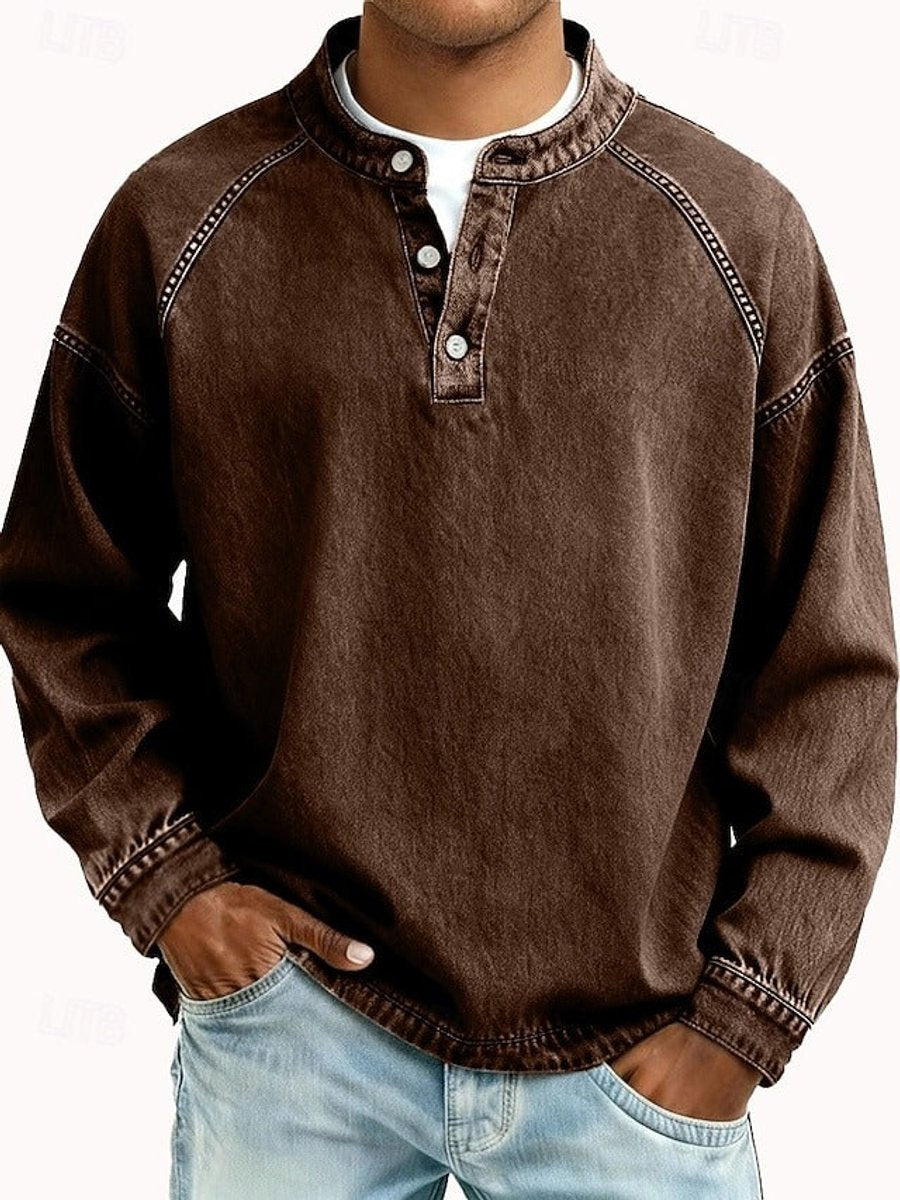 Bluza męska henley z długim rękawem raglanowym i spranym wykończeniem - Brązowy