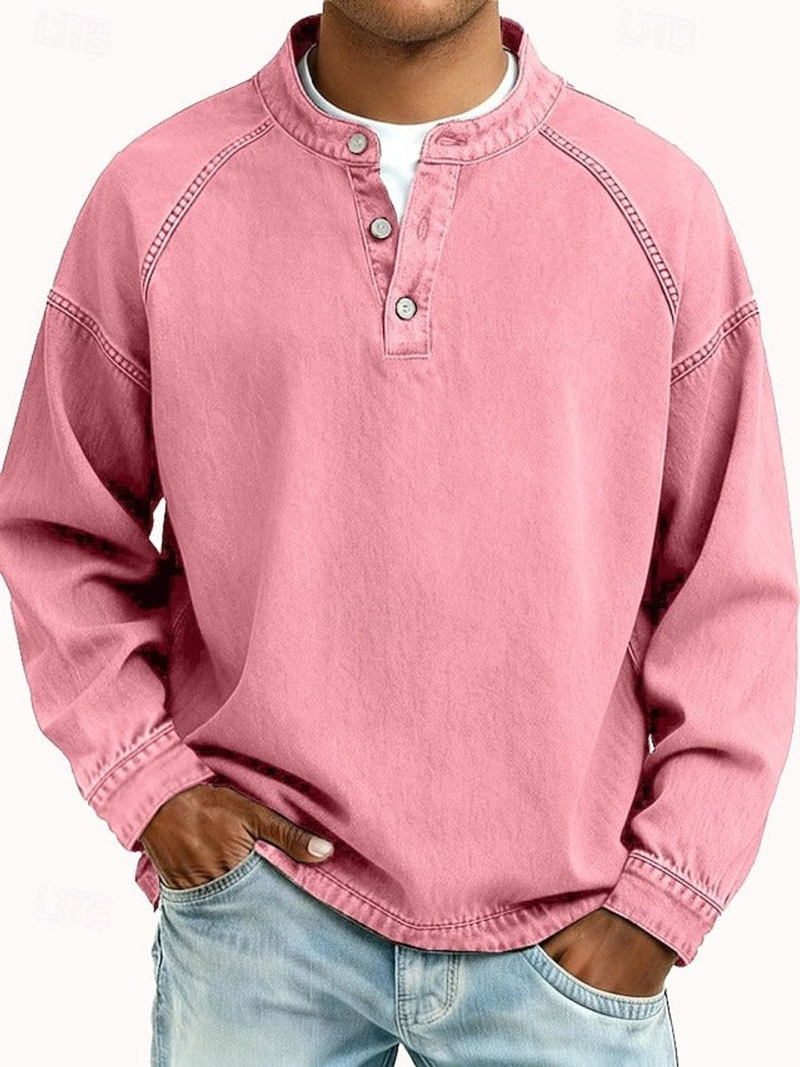 Bluza męska henley z długim rękawem raglanowym i spranym wykończeniem - Różowy