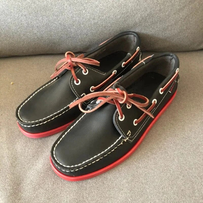Buty żeglarskie męskie skórzane, mokasyny na lato, do biura i na co dzień - Czerwony x Czarny