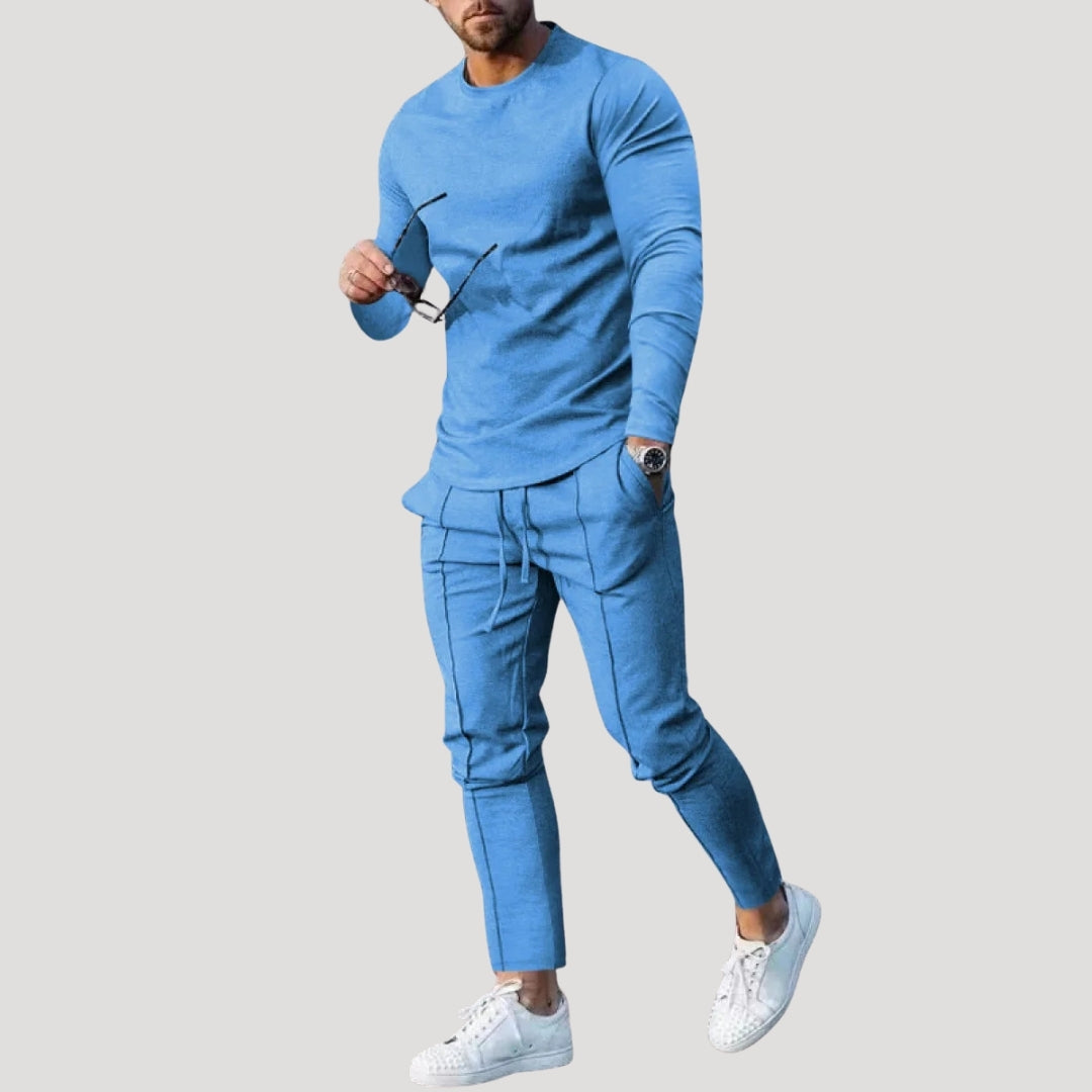 Dres męski komplet slim fit, bluza z długim rękawem bez kaptura i spodnie, na co dzień i na siłownię - Niebieski