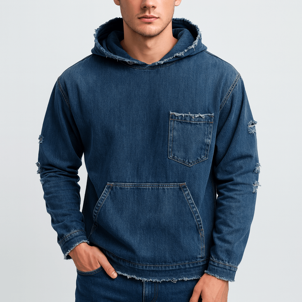 Noirski | Bluza z kapturem z denimu z surowymi krawędziami