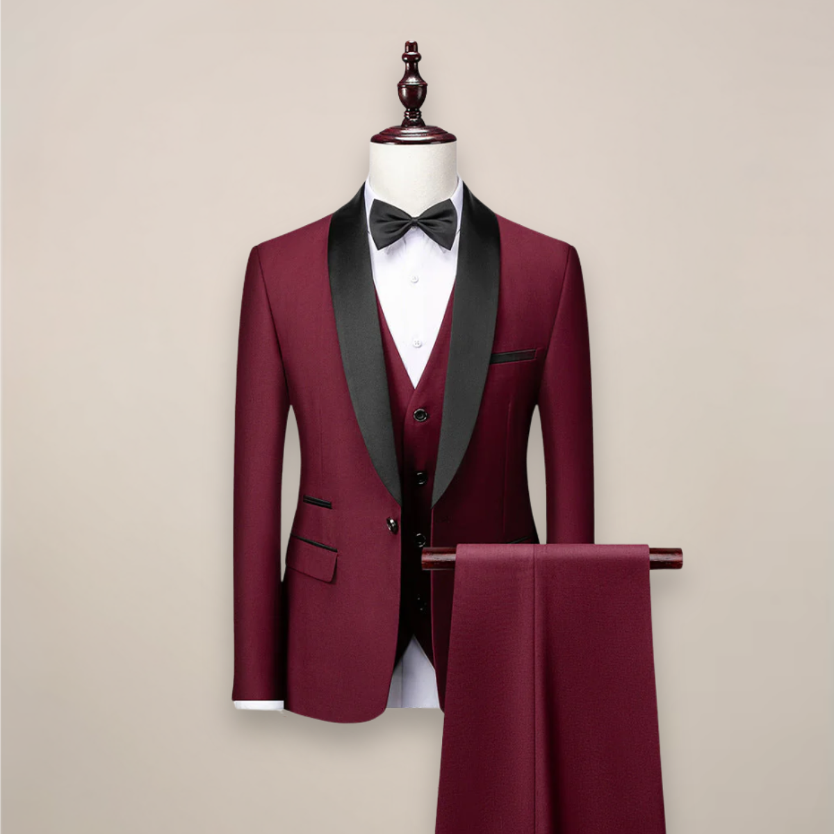Garnitur męski 3-częściowy slim fit z kamizelką, na wesele, studniówkę i ślub - Ciemnoczerwony
