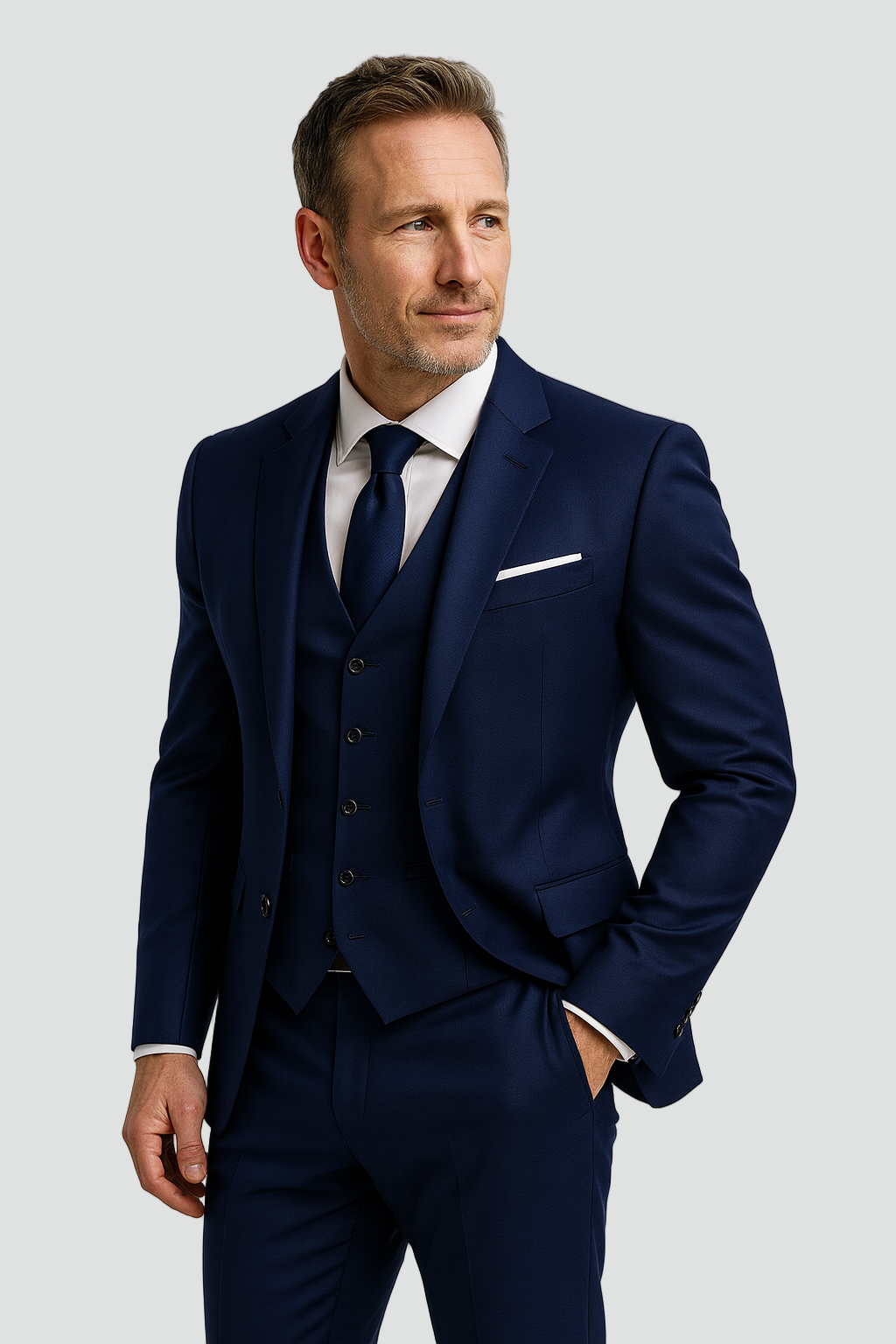 Garnitur męski trzyczęściowy slim fit z kamizelką, na wesele i do biura - Granatowy