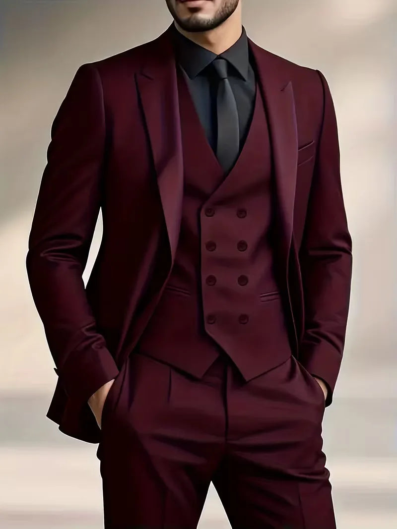 Garnitur męski trzyczęściowy slim fit z kamizelką, na wesele i na galę - garnitur ślubny - Bordowy