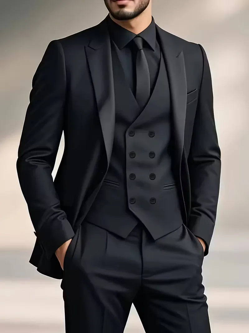 Garnitur męski trzyczęściowy slim fit z kamizelką, na wesele i na galę - garnitur ślubny - Czarny