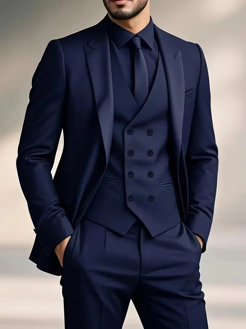 Garnitur męski trzyczęściowy slim fit z kamizelką, na wesele i na galę - garnitur ślubny - Granatowy