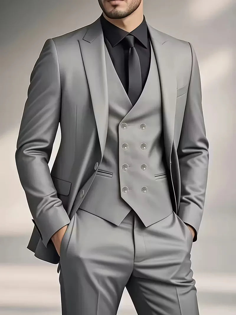 Garnitur męski trzyczęściowy slim fit z kamizelką, na wesele i na galę - garnitur ślubny - Szary