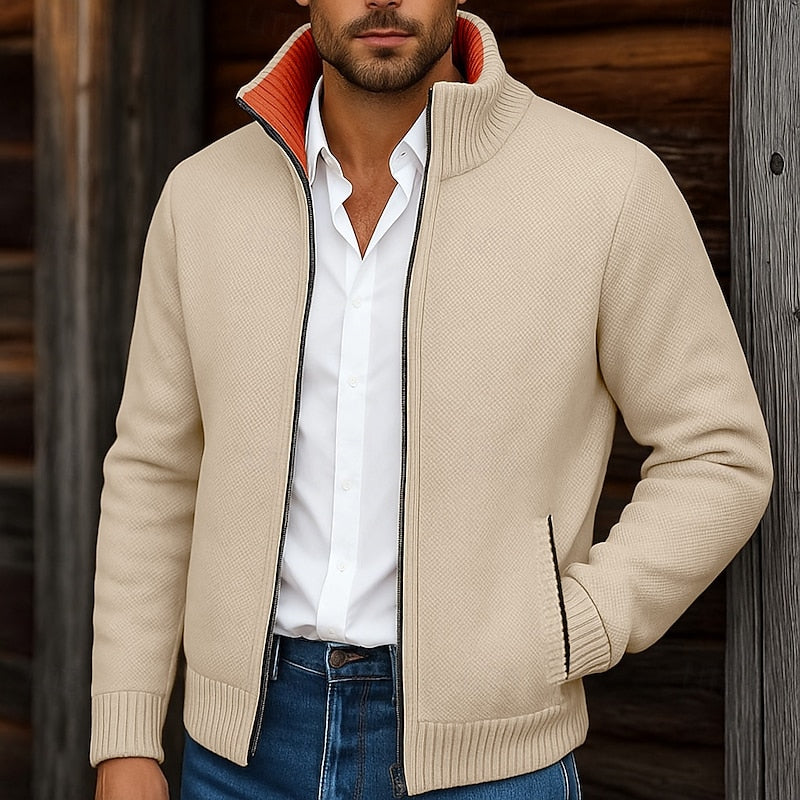 Kardigan męski rozpinany ze stójką i zamkiem, regular fit na jesień - Khaki