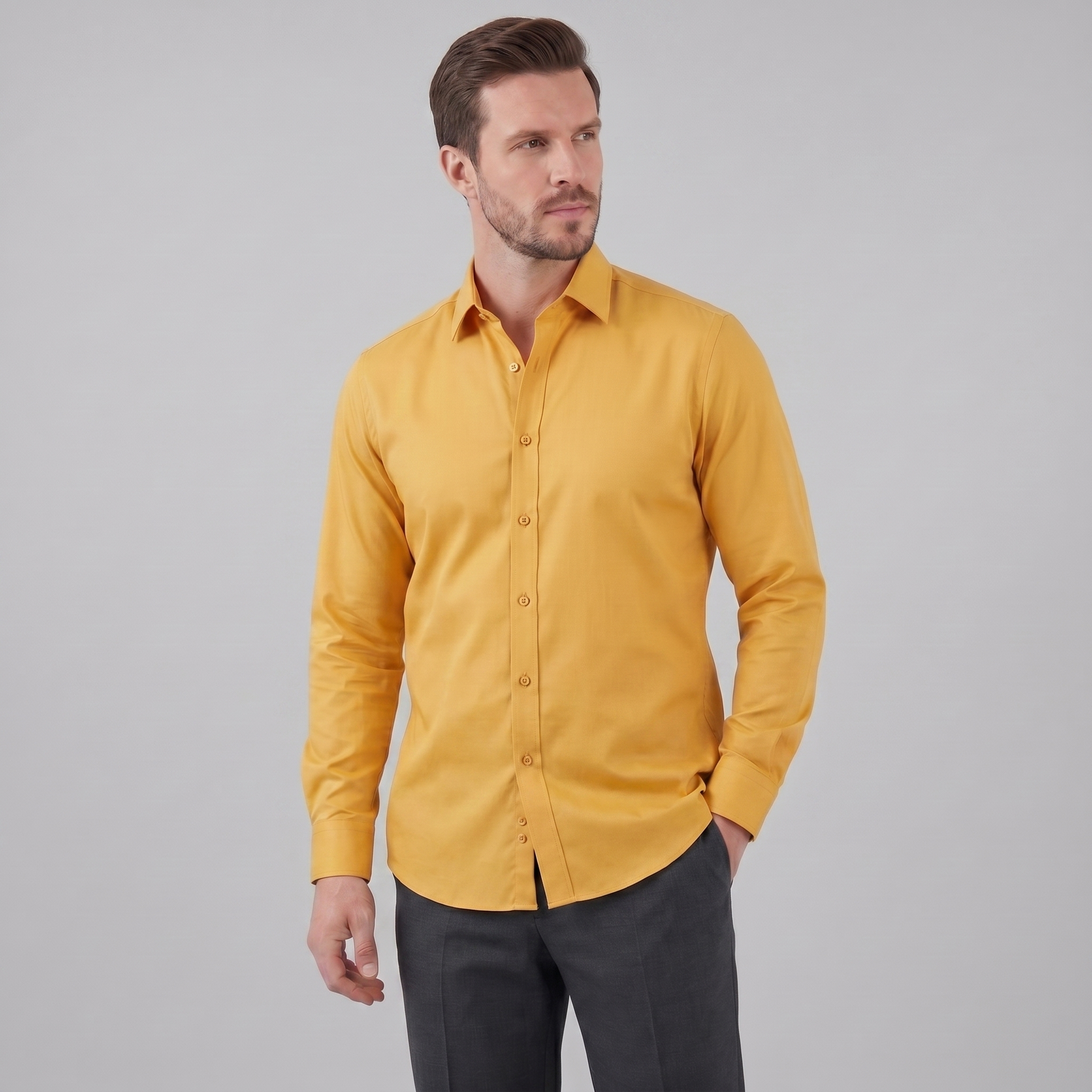 Koszula męska slim fit z długim rękawem, elegancka, do garnituru i na wesele - Żółty