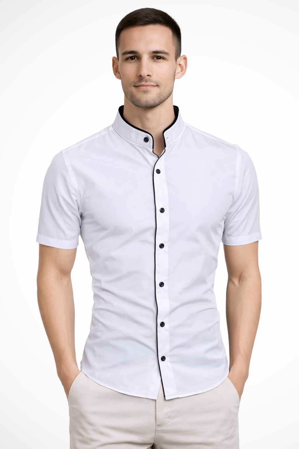 Koszula męska slim fit z krótkim rękawem i stójką - casualowa - Biały