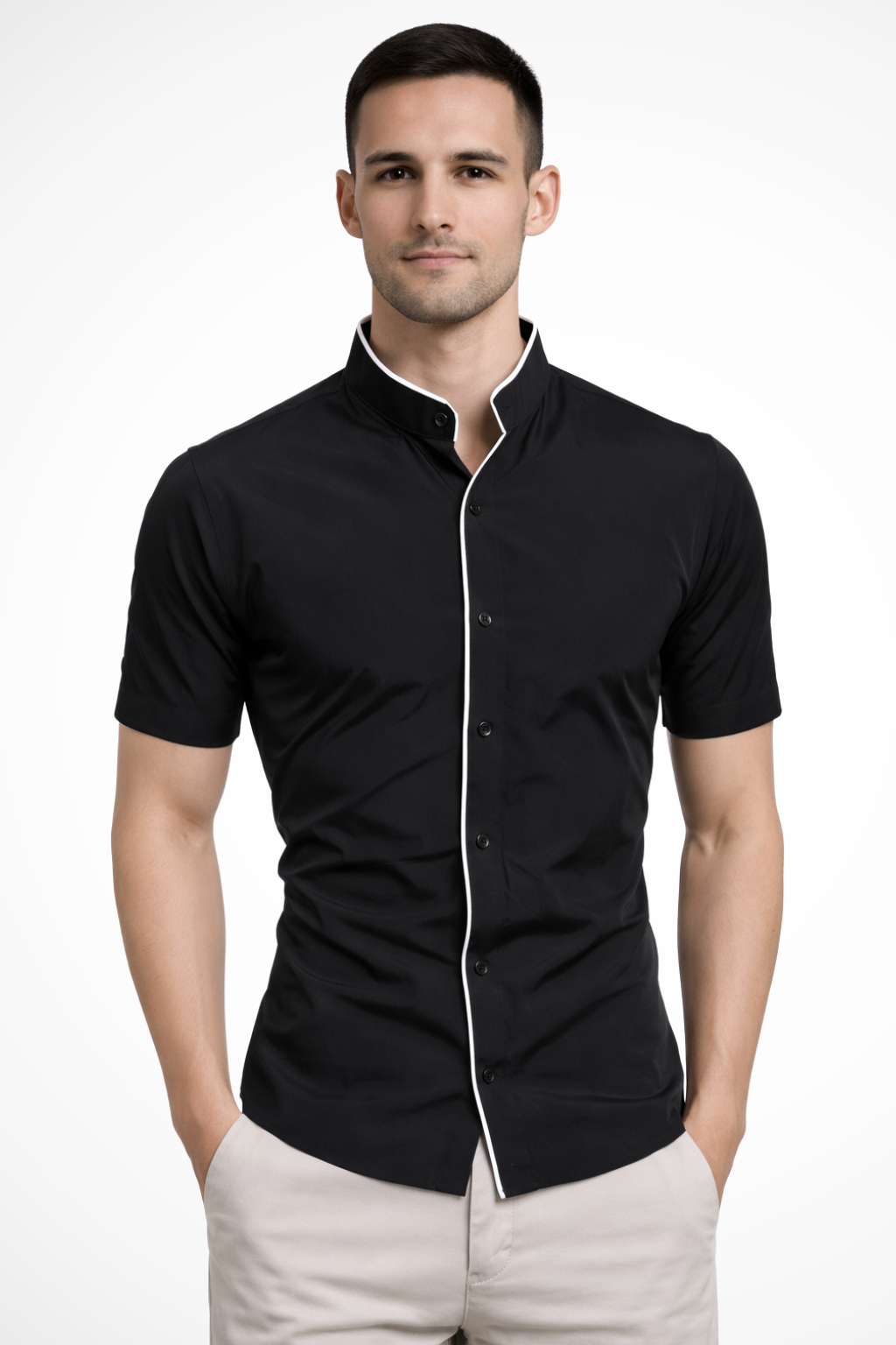 Koszula męska slim fit z krótkim rękawem i stójką - casualowa - Czarny