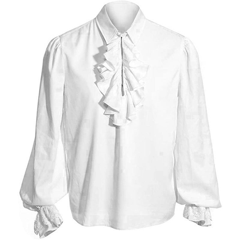 Koszula męska z żabotem i stójką, z długim rękawem i koronkowymi mankietami, elegancka w stylu barokowym, na wesele - Biały
