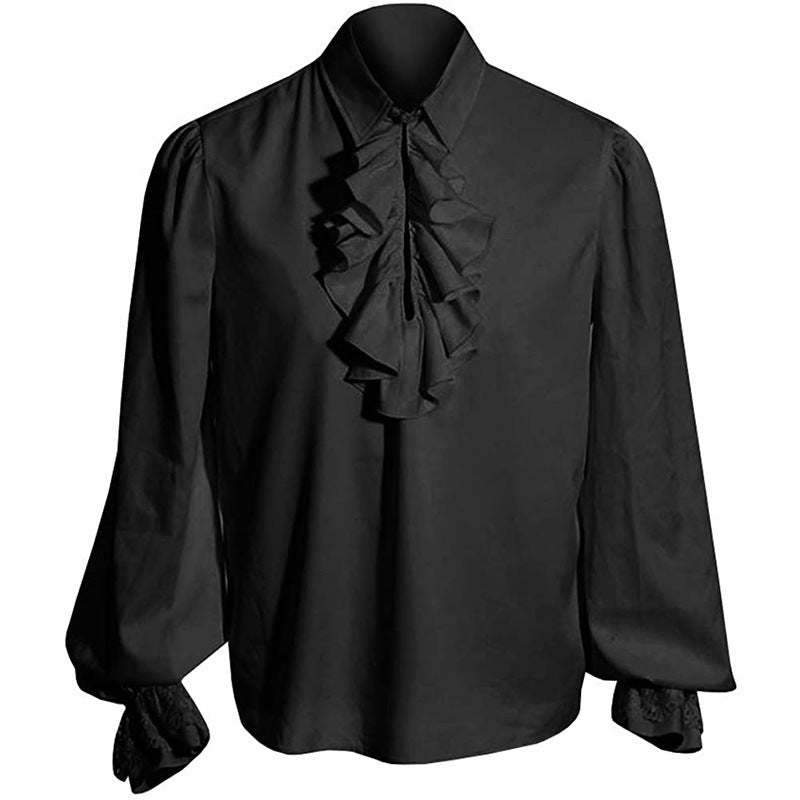 Koszula męska z żabotem i stójką, z długim rękawem i koronkowymi mankietami, elegancka w stylu barokowym, na wesele - Czarny