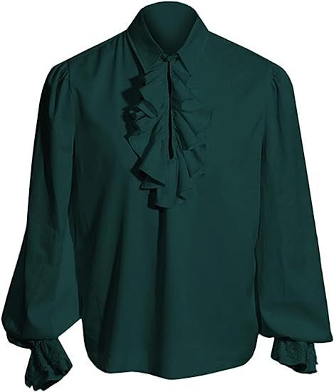 Koszula męska z żabotem i stójką, z długim rękawem i koronkowymi mankietami, elegancka w stylu barokowym, na wesele - Zielony
