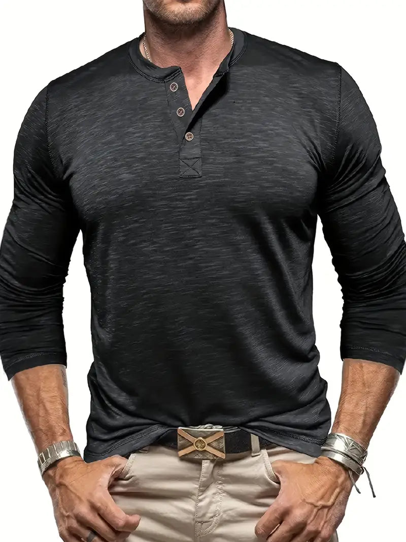 Koszulka henley męska z długim rękawem i guzikami, prosty krój, na co dzień - longsleeve męski - Czarny