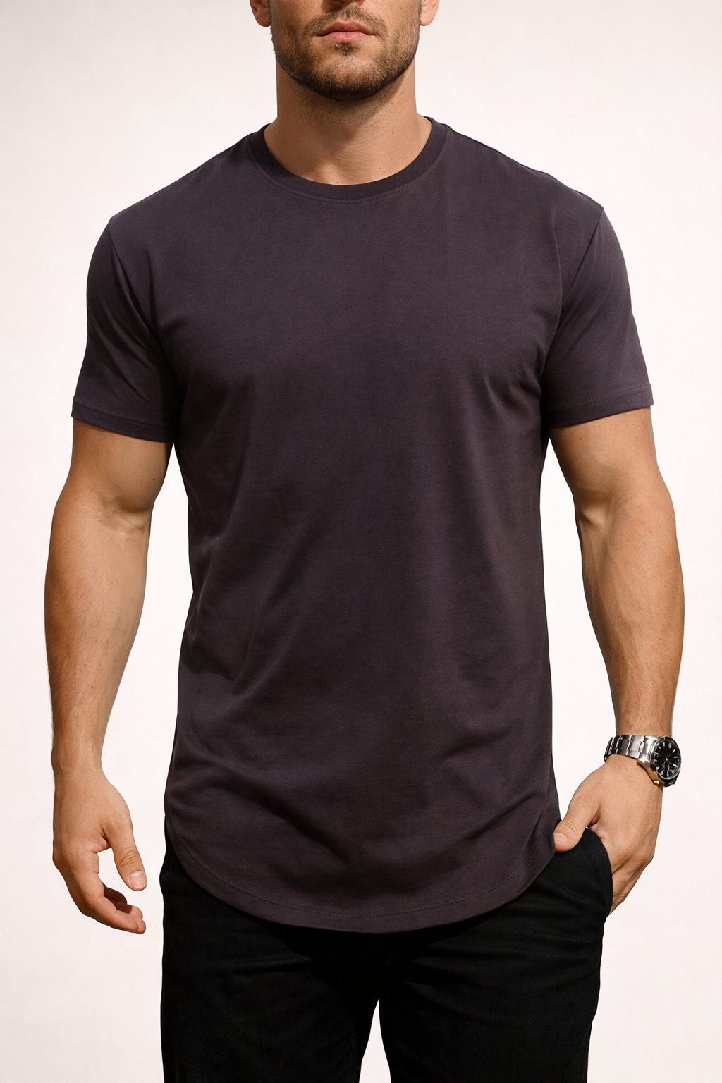 Koszulka męska bawełniana z krótkim rękawem, slim fit i gładka - t-shirt basic na co dzień i na lato - Mokka