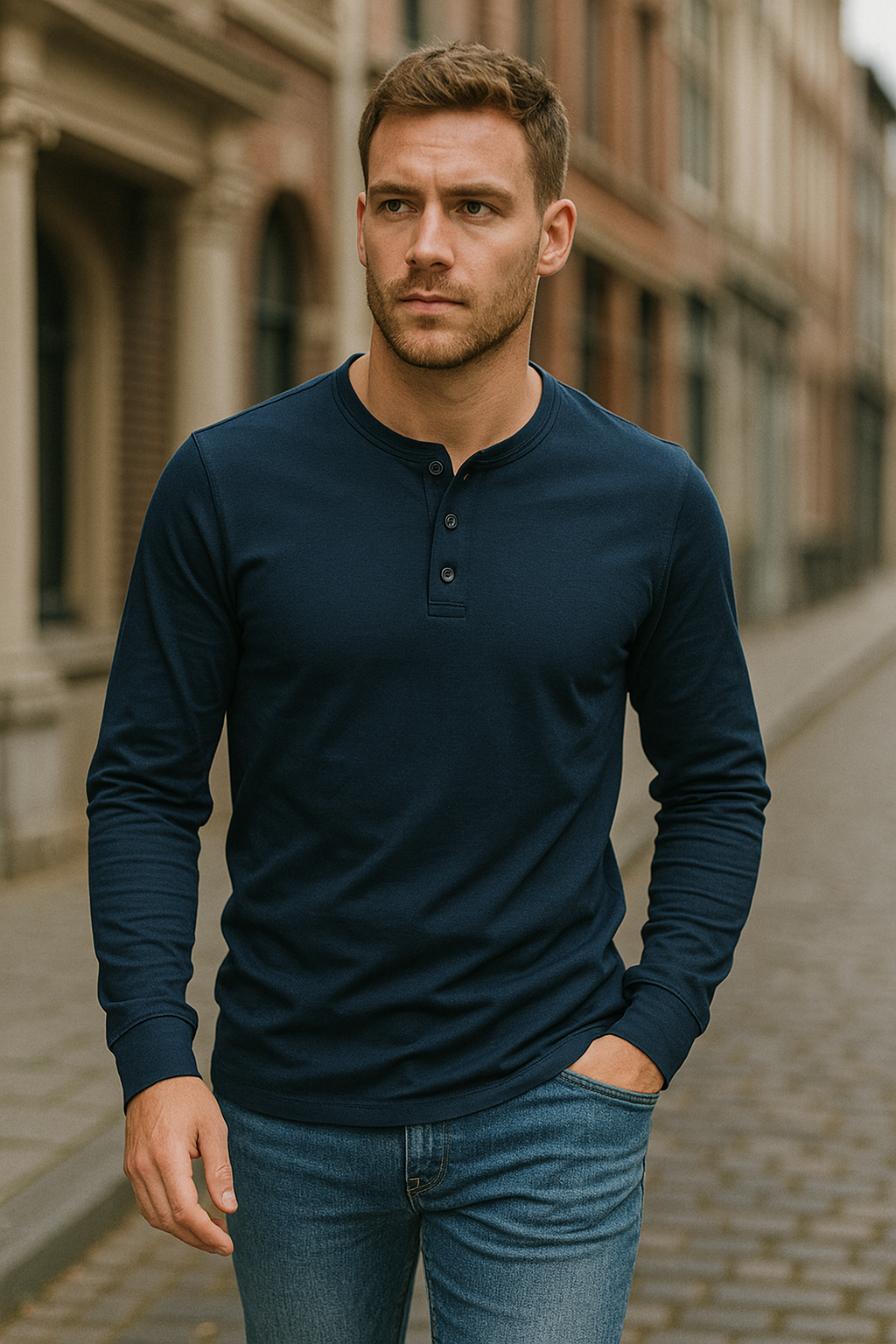 Koszulka męska henley z długim rękawem, okrągły dekolt i guziki, regular fit - view 9