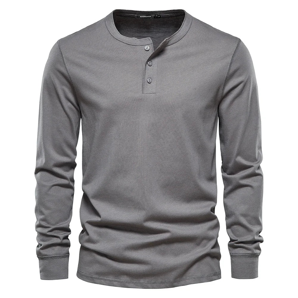 Koszulka męska henley z długim rękawem, okrągły dekolt i guziki, regular fit - Ciemnoszary