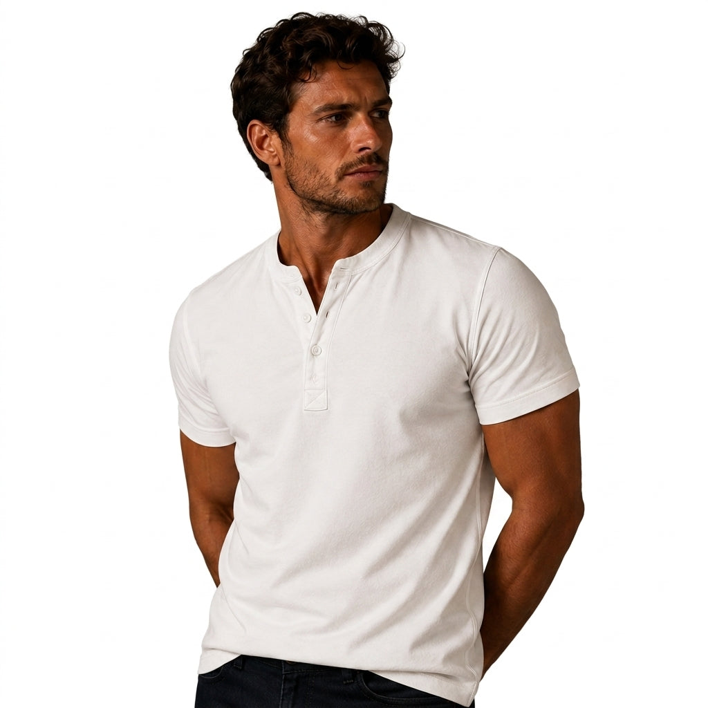 Koszulka męska z krótkim rękawem, z guzikami przy dekolcie, na co dzień - t-shirt basic - Biały