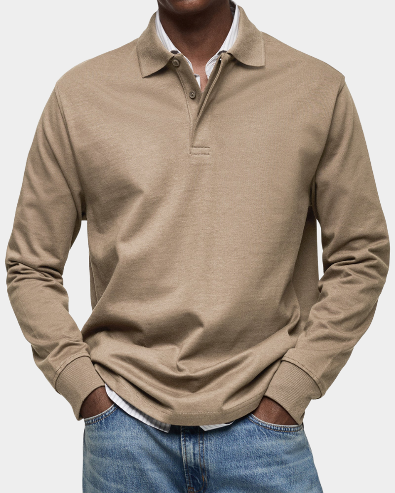 Koszulka polo męska z długim rękawem, elegancka i klasyczna - Khaki
