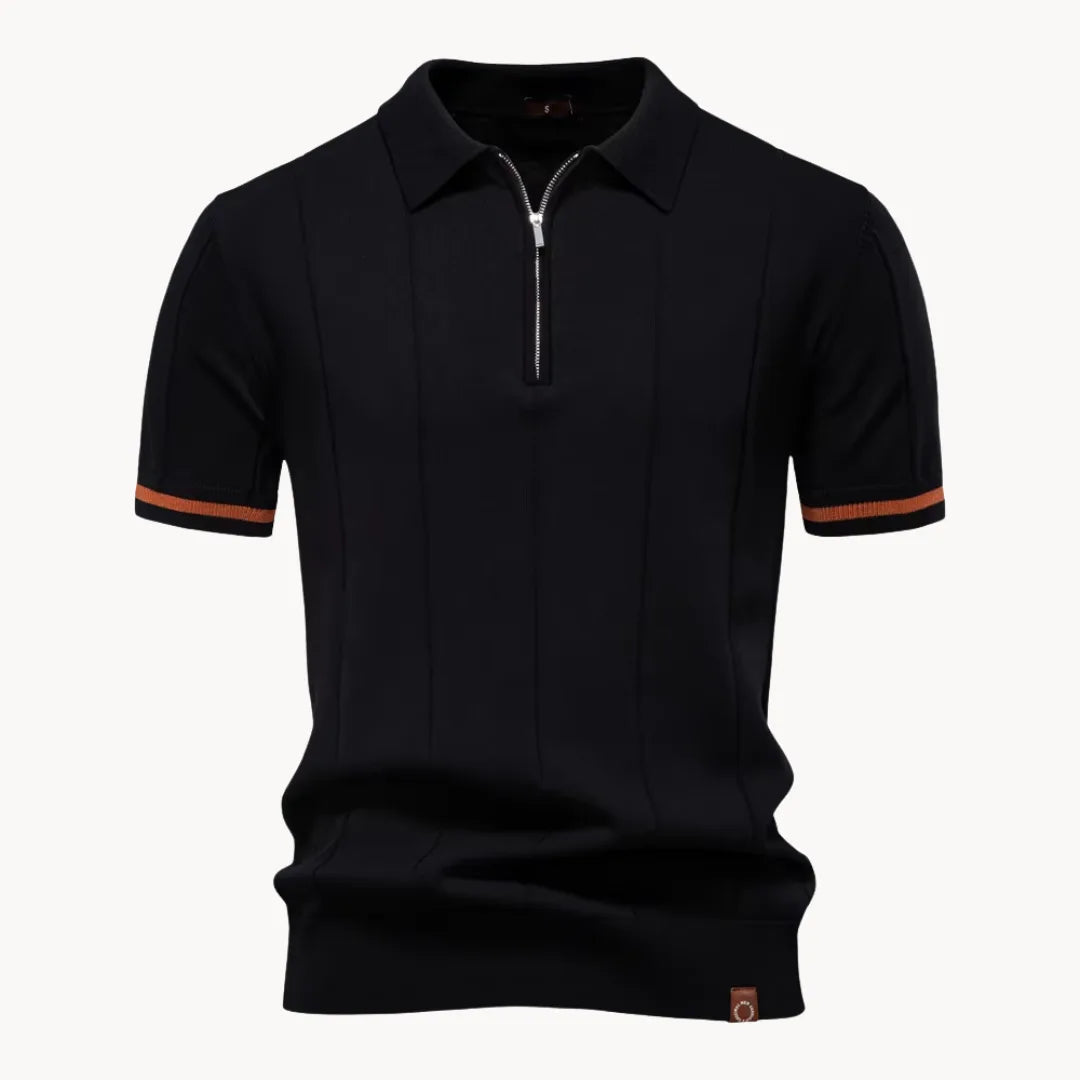Koszulka polo męska z krótkim rękawem i zamkiem, klasyczny kołnierzyk, elegancka na lato - Czarny