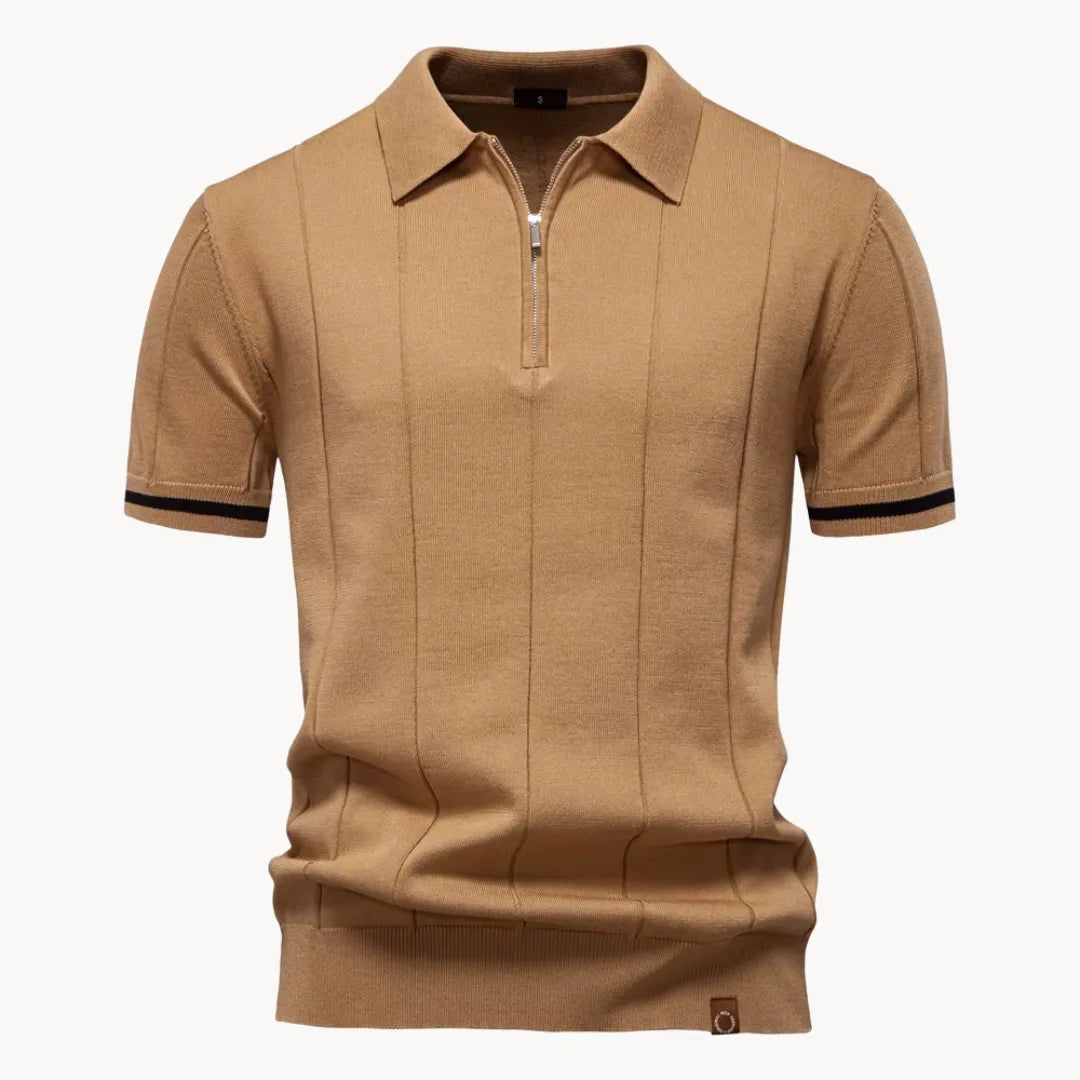 Koszulka polo męska z krótkim rękawem i zamkiem, klasyczny kołnierzyk, elegancka na lato - Wielbłądowy