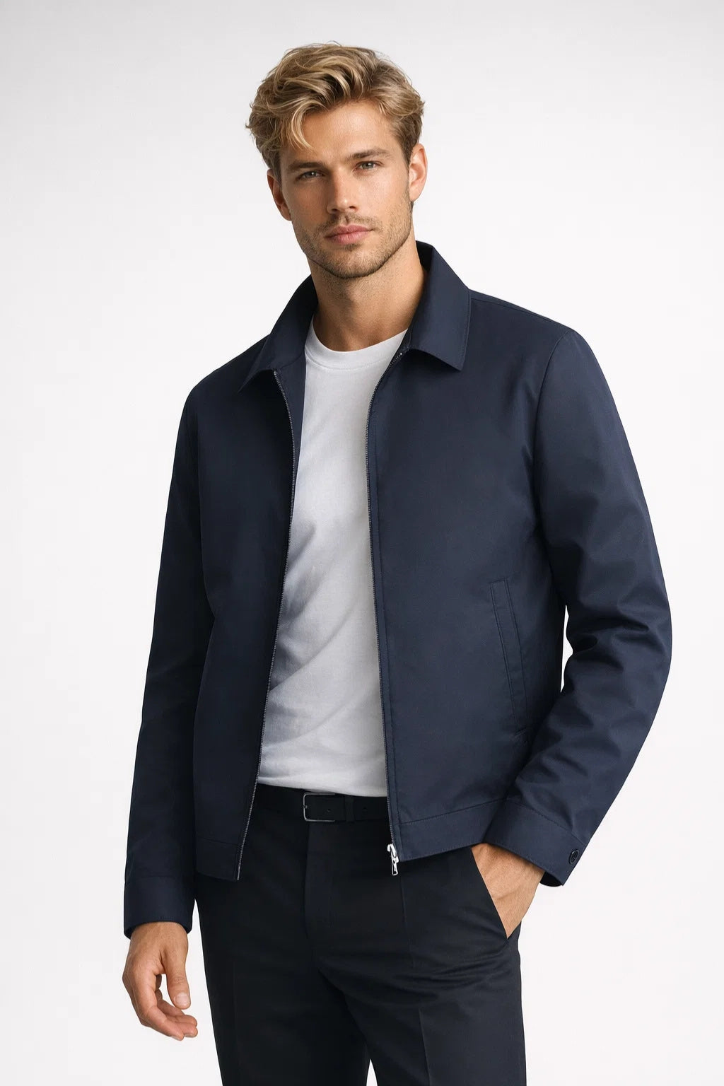 Kurtka przejściowa męska slim fit z zamkiem i klasycznym kołnierzem, smart casual na wiosnę - Ciemnoniebieski
