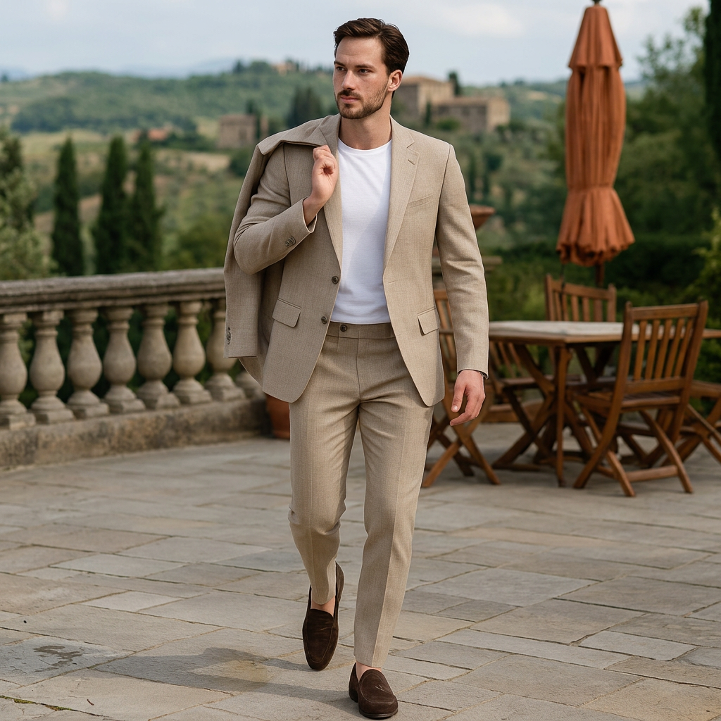 Lekki męski garnitur lniany 2-częściowy slim fit idealny na lato wesele i biznes