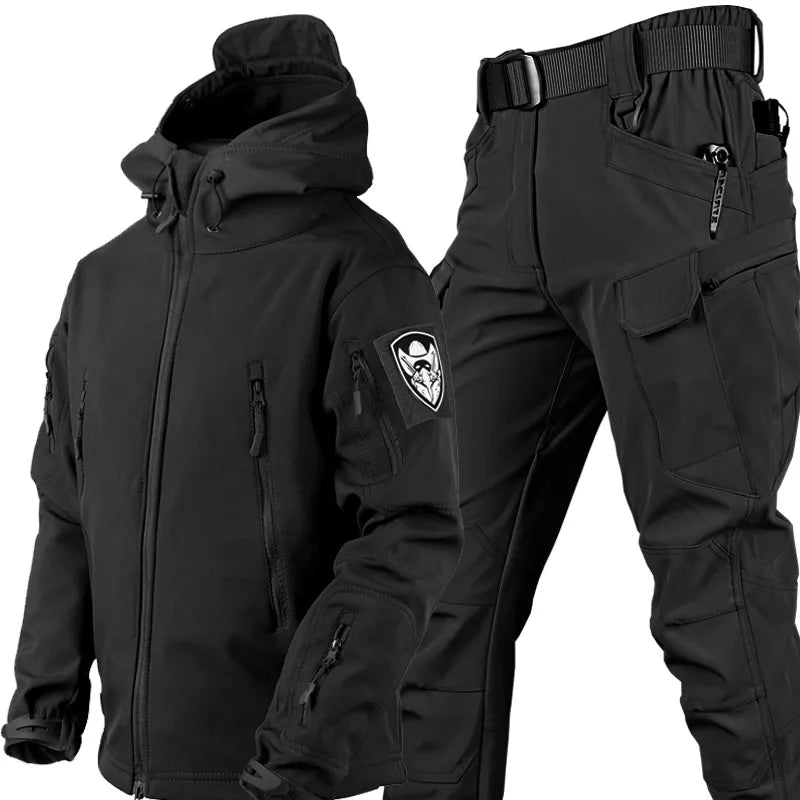 Męski komplet outdoorowy softshell, kurtka z kapturem i spodnie taktyczne z paskiem, na trekking i survival - Czarny