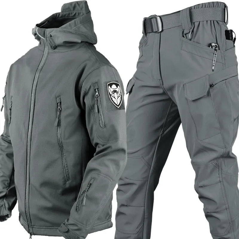 Męski komplet outdoorowy softshell, kurtka z kapturem i spodnie taktyczne z paskiem, na trekking i survival - Szary